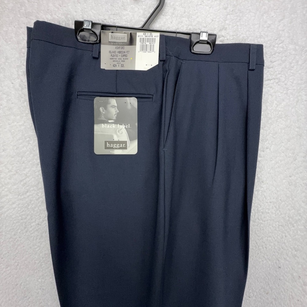 Haggar Black Label Ashford Navy Pleated Cuffed Dress Pants 42x32 Wool Blend NEW